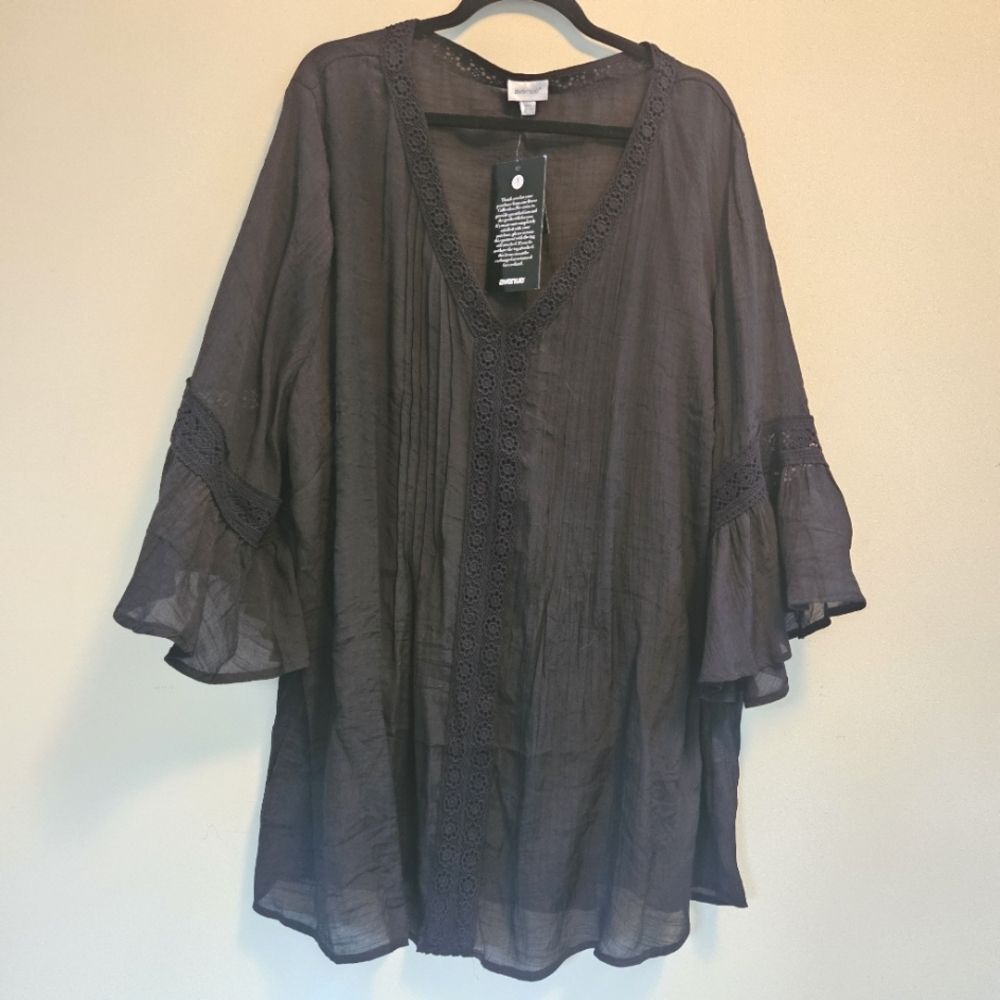 NWT Black Tunic Dress Women's Size 26/28 Lace Trim Trumpet Sleeves Viscose Blend